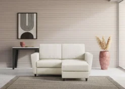Divano 152x85cm design a due posti piccolo con pouf e stoffa idrorepellente bianco latte DI37