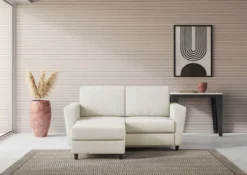 Divano 152x85cm design a due posti piccolo con pouf e stoffa idrorepellente bianco latte DI37