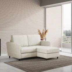 Divano 152x85cm design a due posti piccolo con pouf e stoffa idrorepellente bianco latte DI37
