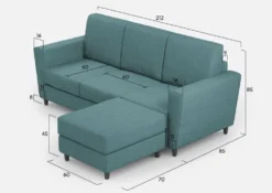 Divano 212x85cm design a tre posti con piedini in legno e pouf idrorepellente blu petrolio DI39