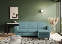 Divano 212x85cm design a tre posti con piedini in legno e pouf idrorepellente blu petrolio DI39