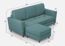 Divano 212x85cm design a tre posti con piedini in legno e pouf idrorepellente blu petrolio DI39