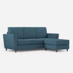 Divano 212x85cm design a tre posti con piedini in legno e pouf idrorepellente blu avio DI39
