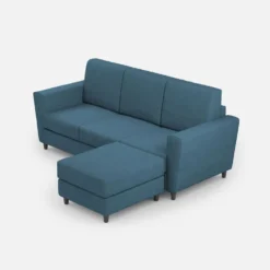 Divano 212x85cm design a tre posti con piedini in legno e pouf idrorepellente blu avio DI39