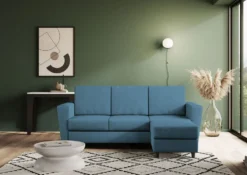 Divano 212x85cm design a tre posti con piedini in legno e pouf idrorepellente blu avio DI39