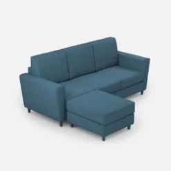 Divano 212x85cm design a tre posti con piedini in legno e pouf idrorepellente blu avio DI39
