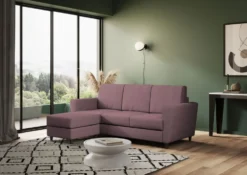 Divano 212x85cm design a tre posti con piedini in legno e pouf idrorepellente prugna DI39