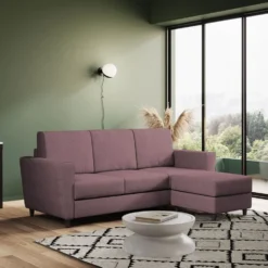 Divano 212x85cm design a tre posti con piedini in legno e pouf idrorepellente prugna DI39
