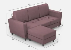Divano 212x85cm design a tre posti con piedini in legno e pouf idrorepellente prugna DI39