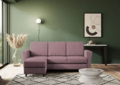 Divano 212x85cm design a tre posti con piedini in legno e pouf idrorepellente prugna DI39