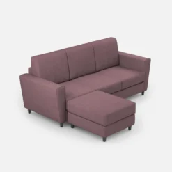 Divano 212x85cm design a tre posti con piedini in legno e pouf idrorepellente prugna DI39