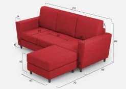 Divano 212x85cm design a tre posti con piedini in legno e pouf idrorepellente rosso DI39