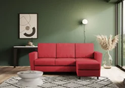Divano 212x85cm design a tre posti con piedini in legno e pouf idrorepellente rosso DI39