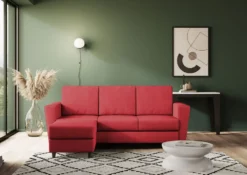 Divano 212x85cm design a tre posti con piedini in legno e pouf idrorepellente rosso DI39