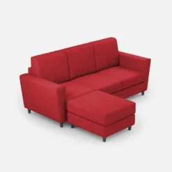 Divano 212x85cm design a tre posti con piedini in legno e pouf idrorepellente rosso DI39