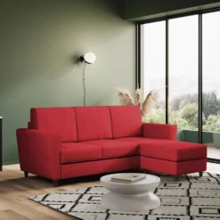 Divano 212x85cm design a tre posti con piedini in legno e pouf idrorepellente rosso DI39