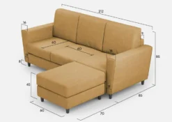 Divano 212x85cm design a tre posti con piedini in legno e pouf idrorepellente ocra DI39