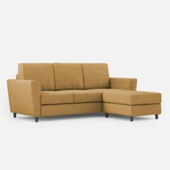 Divano 212x85cm design a tre posti con piedini in legno e pouf idrorepellente ocra DI39