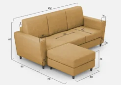 Divano 212x85cm design a tre posti con piedini in legno e pouf idrorepellente ocra DI39