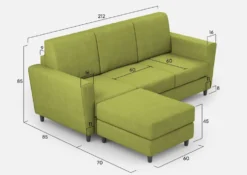 Divano 212x85cm design a tre posti con piedini in legno e pouf idrorepellente verde DI39