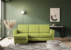 Divano 212x85cm design a tre posti con piedini in legno e pouf idrorepellente verde DI39