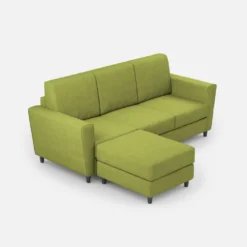 Divano 212x85cm design a tre posti con piedini in legno e pouf idrorepellente verde DI39