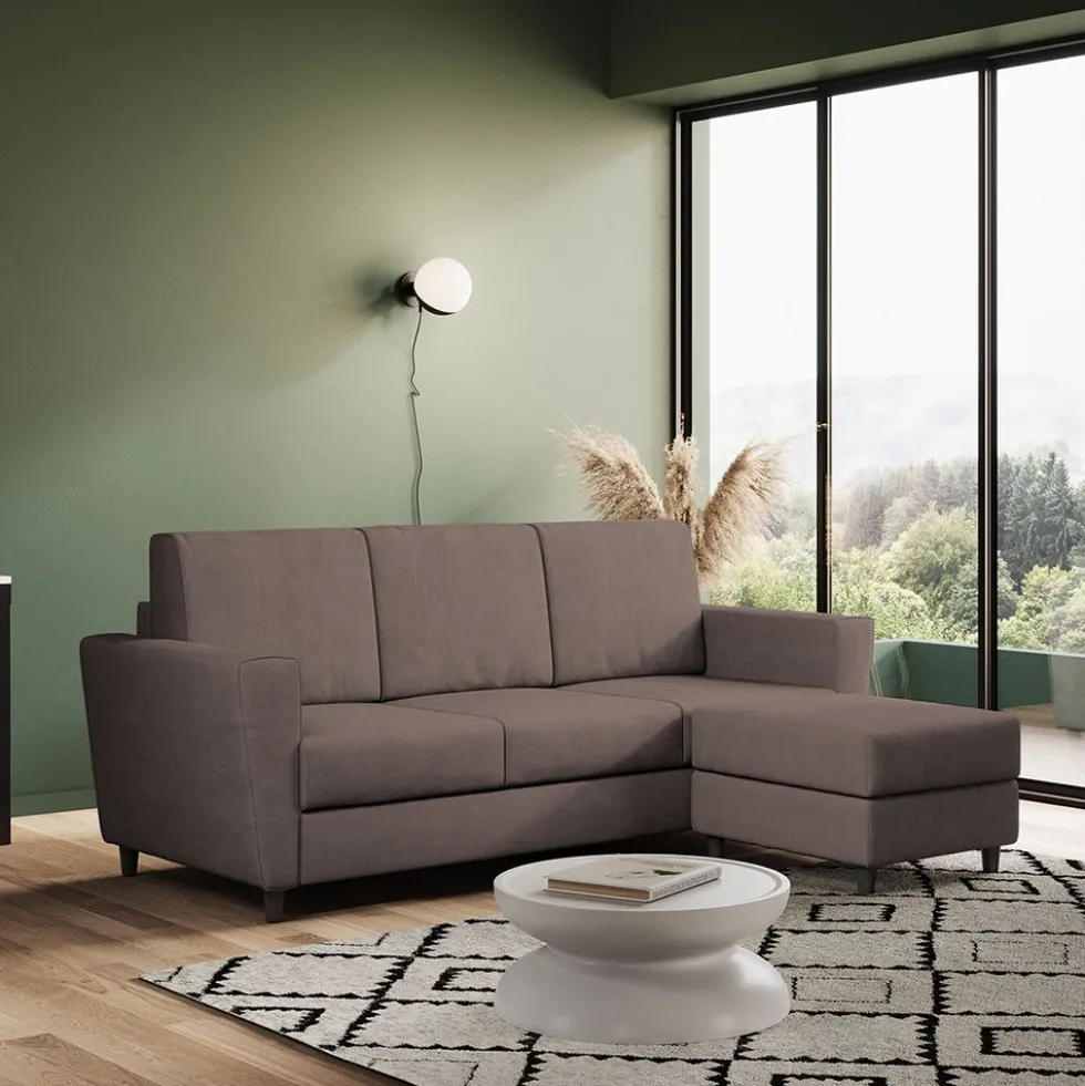 Divano 212x85cm design a tre posti con piedini in legno e pouf idrorepellente talpa DI39