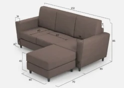 Divano 212x85cm design a tre posti con piedini in legno e pouf idrorepellente talpa DI39