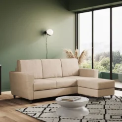 Divano 212x85cm design a tre posti con piedini in legno e pouf idrorepellente beige DI39