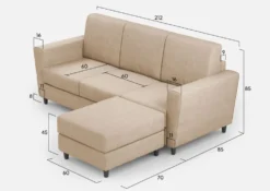 Divano 212x85cm design a tre posti con piedini in legno e pouf idrorepellente beige DI39