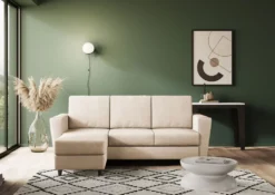 Divano 212x85cm design a tre posti con piedini in legno e pouf idrorepellente beige DI39