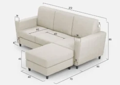 Divano 212x85cm design a tre posti con piedini in legno e pouf idrorepellente bianco latte DI39