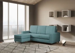 Divano 208x85cm design a tre posti con bracciolo moderno quadrato e pouf blu petrolio DI17