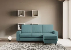 Divano 208x85cm design a tre posti con bracciolo moderno quadrato e pouf blu petrolio DI17