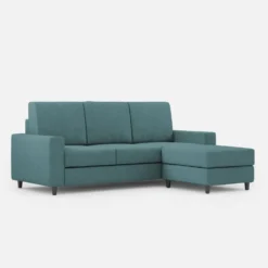 Divano 208x85cm design a tre posti con bracciolo moderno quadrato e pouf blu petrolio DI17