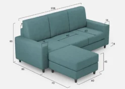 Divano 208x85cm design a tre posti con bracciolo moderno quadrato e pouf blu petrolio DI17