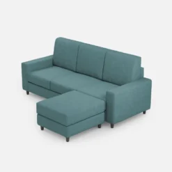 Divano 208x85cm design a tre posti con bracciolo moderno quadrato e pouf blu petrolio DI17