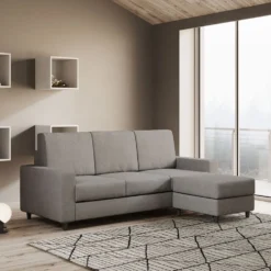 Divano 208x85cm design a tre posti con bracciolo moderno quadrato e pouf grigio DI17