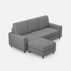 Divano 208x85cm design a tre posti con bracciolo moderno quadrato e pouf grigio DI17