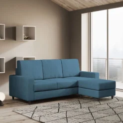 Divano 208x85cm design a tre posti con bracciolo moderno quadrato e pouf blu avio DI17