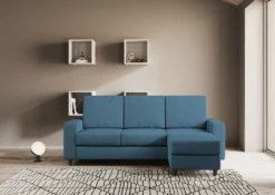Divano 208x85cm design a tre posti con bracciolo moderno quadrato e pouf blu avio DI17