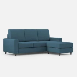 Divano 208x85cm design a tre posti con bracciolo moderno quadrato e pouf blu avio DI17