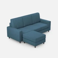 Divano 208x85cm design a tre posti con bracciolo moderno quadrato e pouf blu avio DI17