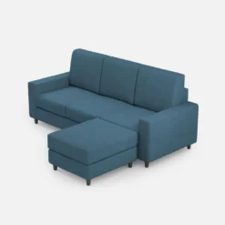 Divano 208x85cm design a tre posti con bracciolo moderno quadrato e pouf blu avio DI17