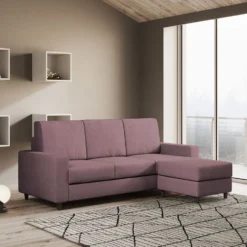 Divano 208x85cm design a tre posti con bracciolo moderno quadrato e pouf prugna DI17