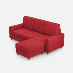 Divano 208x85cm design a tre posti con bracciolo moderno quadrato e pouf rosso DI17