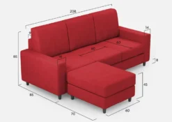 Divano 208x85cm design a tre posti con bracciolo moderno quadrato e pouf rosso DI17