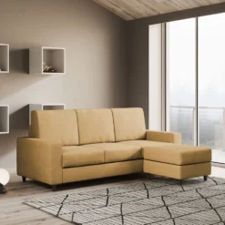 Divano 208x85cm design a tre posti con bracciolo moderno quadrato e pouf ocra DI17