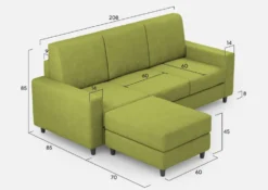 Divano 208x85cm design a tre posti con bracciolo moderno quadrato e pouf verde DI17