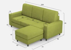 Divano 208x85cm design a tre posti con bracciolo moderno quadrato e pouf verde DI17